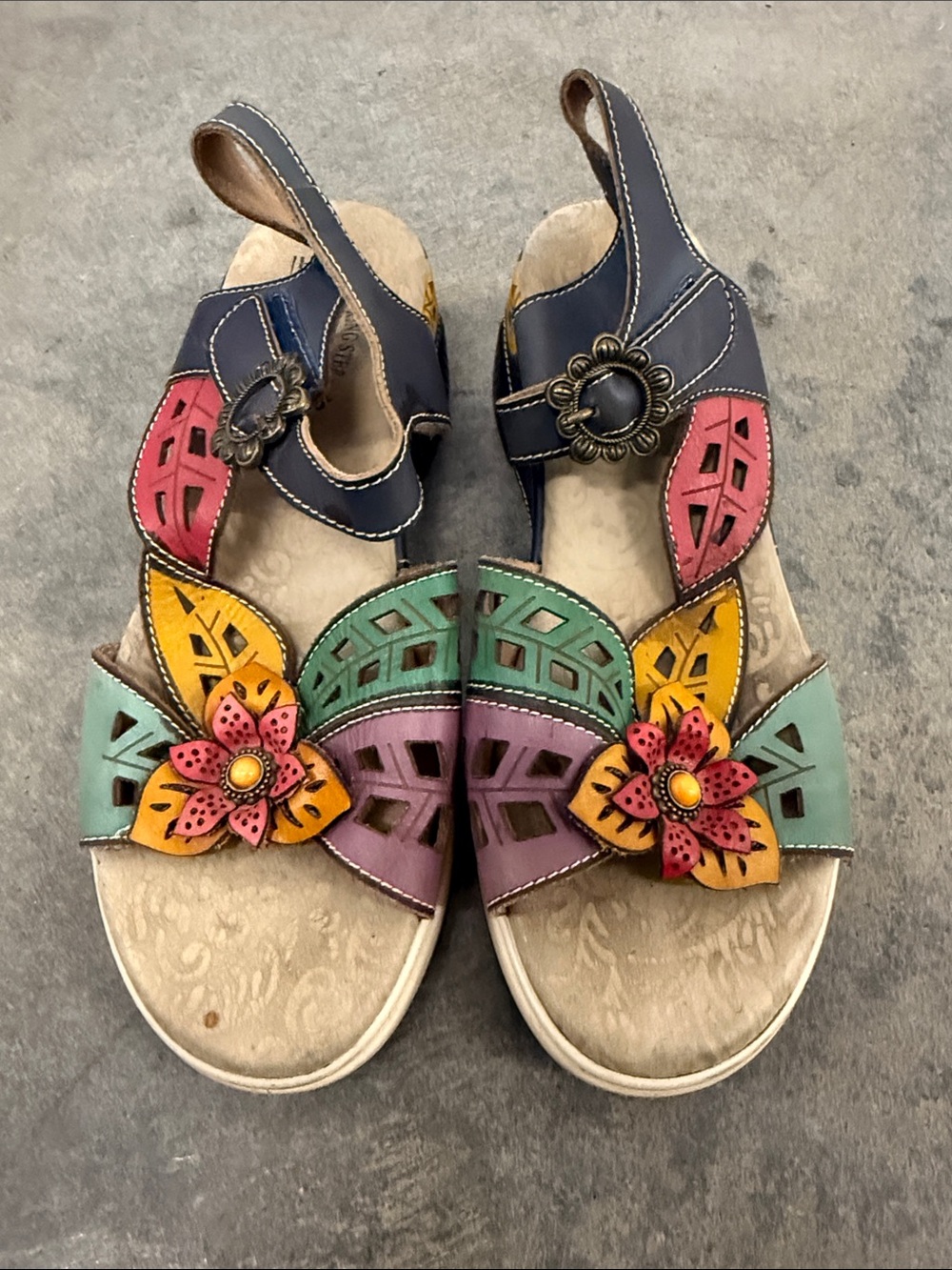 Rieker Multi-Color Floral Leather Sandals in Blue, Pink, Yellow, Green, Purple